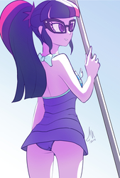 Size: 1033x1530 | Tagged: safe, artist:grissaecrim, sci-twi, twilight sparkle, equestria girls, equestria girls specials, g4, my little pony equestria girls: better together, my little pony equestria girls: forgotten friendship, ass, attached skirt, bow swimsuit, butt, clothes, dress, female, glasses, gradient background, one-piece swimsuit, open-back swimsuit, ponytail, purple swimsuit, sci-twi swimsuit, sci-twibutt, simple background, solo, striped swimsuit, swimsuit, twibutt, wedgie