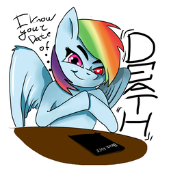 Size: 2000x2000 | Tagged: safe, artist:fax0nat, rainbow dash, pony, g4, anime, death note, dialogue, female, high res, rainbow yagami, solo