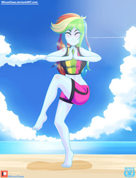Size: 2300x3000 | Tagged: safe, artist:minusclass, rainbow dash, equestria girls, equestria girls series, forgotten friendship, g4, balancing, barefoot, beach, breasts, clothes, eyes closed, feet, female, high res, ocean, patreon, patreon logo, sand, solo, swimsuit