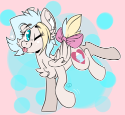Size: 763x700 | Tagged: safe, anonymous artist, oc, oc only, oc:teacup cake, pegasus, pony, bow, chest fluff, ear fluff, freckles, heart, solo, tail bow, tongue out