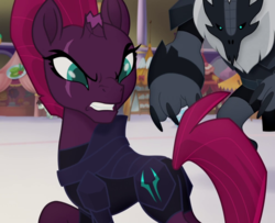 Size: 987x803 | Tagged: safe, screencap, tempest shadow, pony, unicorn, g4, my little pony: the movie, angry, armor, broken horn, cropped, eye scar, female, glare, horn, mare, scar, storm guard