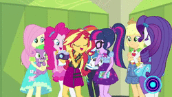 Size: 1280x720 | Tagged: safe, screencap, applejack, fluttershy, pinkie pie, rainbow dash, rarity, sci-twi, spike, spike the regular dog, sunset shimmer, twilight sparkle, dog, equestria girls, equestria girls series, forgotten friendship, g4, animated, camera, cap, clothes, converse, discovery family, discovery family logo, feet, hat, humane five, humane seven, humane six, mane six, midriff, sandals, selfie, shoes, shorts, smiling, sound, sun hat, swimsuit, webm, wetsuit