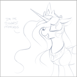 Size: 896x897 | Tagged: safe, artist:dimfann, princess celestia, alicorn, pony, g4, eyes closed, female, floppy ears, mare, monochrome, size comparison, sketch, smiling, solo