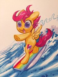 Size: 960x1280 | Tagged: safe, artist:dawnfire, scootaloo, pegasus, pony, g4, bipedal, female, filly, marker drawing, open mouth, open smile, smiling, solo, spread wings, surfboard, surfing, the cmc's cutie marks, traditional art, underhoof, water, wave, wings