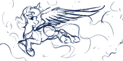 Size: 1324x658 | Tagged: safe, artist:dimfann, princess luna, alicorn, pony, g4, female, flying, looking back, majestic, mare, monochrome, sketch, solo, wings