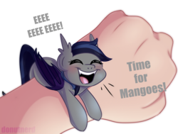 Size: 2286x1727 | Tagged: dead source, safe, artist:donutnerd, oc, oc only, oc:echo, bat pony, human, blushing, commission, cute, eeee, eyelashes, eyes closed, fangs, fist, fluffy, food, hand, happy, mango, micro, open mouth, simple background, teeth, that bat pony sure does love fruits, that batpony sure does love mangoes, transparent background, watch