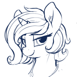 Size: 883x882 | Tagged: safe, artist:dimfann, oc, oc only, oc:toxie cookie, pony, bust, female, horn, horn ring, lidded eyes, mare, monochrome, portrait, ring, sketch, solo