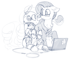Size: 1060x867 | Tagged: safe, artist:dimfann, oc, oc only, oc:yodi, classical unicorn, pony, robot, robot pony, unicorn, cloven hooves, computer, duo, glasses, horn, laptop computer, leonine tail, male, monochrome, sketch, thinkpad, wires