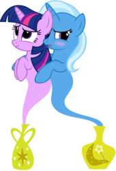 Size: 417x613 | Tagged: safe, artist:navitaserussirus, trixie, twilight sparkle, genie, g4, cropped, female, lesbian, ship:twixie, shipping