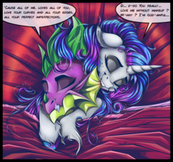 Size: 2136x2000 | Tagged: safe, artist:dimidiummorsumbra, rarity, spike, dragon, pony, unicorn, g4, all of me, bed, biting, comforting, dialogue, eyes closed, female, floppy ears, freckles, high res, hug, john legend, male, mare, older, older spike, pillow, ship:sparity, shipping, song reference, straight, unshorn fetlocks