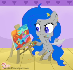 Size: 5185x4986 | Tagged: safe, artist:raspberrystudios, oc, oc only, oc:silver wing, pegasus, pony, abstract, absurd resolution, canvas, chibi, commission, female, paintbrush, painting