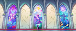 Size: 1920x804 | Tagged: safe, screencap, princess cadance, princess luna, twilight sparkle, alicorn, pony, g4, my little pony: the movie, architecture, canterlot, canterlot castle, carpet, female, mare, solo, stained glass, twilight sparkle (alicorn), window