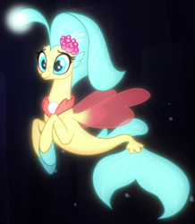 Size: 610x700 | Tagged: safe, screencap, princess skystar, seapony (g4), g4, my little pony: the movie, bioluminescent, blue eyes, blushing, bubble, coral, cropped, cute, dorsal fin, female, fin, fin wings, fins, fish tail, floppy ears, flower, flower in hair, flowing mane, flowing tail, freckles, glowing, happy, jewelry, necklace, ocean, open mouth, pearl necklace, seaquestria, seashell, skyabetes, smiling, solo, swimming, tail, underwater, water, wings