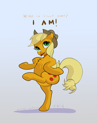 Size: 1209x1529 | Tagged: safe, artist:xbi, applejack, earth pony, pony, g4, 30 minute art challenge, chest fluff, chicken dance, cute, female, flexible, gradient background, mare, silly, silly pony, solo, tongue out, truth, who's a silly pony