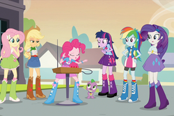 Size: 1076x718 | Tagged: safe, screencap, applejack, fluttershy, pinkie pie, rainbow dash, rarity, spike, twilight sparkle, equestria girls, g4, my little pony equestria girls: rainbow rocks, boots, clothes, cropped, high heel boots, humane five, humane six, musical instrument, shoes, theremin, twilight sparkle (alicorn)