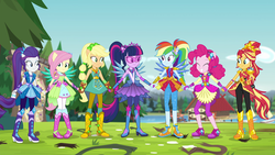 Size: 1920x1080 | Tagged: safe, screencap, applejack, fluttershy, pinkie pie, rainbow dash, rarity, sci-twi, sunset shimmer, twilight sparkle, human, equestria girls, g4, my little pony equestria girls: legend of everfree, amulet, balloon, boots, camp everfree, clothes, cowboy boots, crystal guardian, crystal wings, discovery kids, eyes closed, female, glasses, gloves, happy, high heel boots, holding hands, humane five, humane seven, humane six, jewelry, legs, looking at each other, pants, ponied up, pony ears, ponytail, powered up, scenery, sci-twilicorn, shoes, sleeveless, smiling, sneakers, sparkles, sun, super ponied up, wings