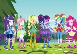 Size: 1539x1077 | Tagged: safe, screencap, applejack, fluttershy, pinkie pie, rainbow dash, rarity, sci-twi, twilight sparkle, equestria girls, g4, my little pony equestria girls: legend of everfree, balloon, boots, clothes, cowboy boots, cropped, crystal guardian, crystal wings, female, glasses, high heel boots, humane five, humane six, jewelry, ponied up, ponytail, shoes, sneakers, sparkles, sun, wings