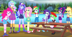 Size: 1140x585 | Tagged: safe, screencap, applejack, drama letter, fluttershy, pinkie pie, princess celestia, princess luna, principal celestia, rainbow dash, rarity, sci-twi, twilight sparkle, vice principal luna, watermelody, equestria girls, g4, my little pony equestria girls: legend of everfree, balloon, boots, bracelet, camp everfree outfits, cap, clothes, converse, cowboy boots, crescent moon, cropped, cutie mark accessory, cutie mark hair accessory, cutie mark on clothes, female, hand on hip, hat, heart, humane five, humane six, jeans, jewelry, log, moon, mountain, pants, river, sash, shoes, shorts, sneakers, socks, sun, table, tank top, tree, wristband