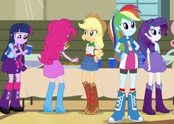 Size: 1512x1080 | Tagged: safe, screencap, applejack, fluttershy, pinkie pie, rainbow dash, rarity, twilight sparkle, alicorn, equestria girls, g4, my little pony equestria girls: rainbow rocks, backpack, boots, bowtie, bracelet, clothes, cookie, cowboy hat, cropped, cup, denim skirt, female, food, hand on hip, hat, high heel boots, humane five, humane six, humans doing horse things, jacket, jewelry, leather jacket, leg warmers, mane six, punch (drink), punch bowl, rear view, shoes, skirt, socks, stetson, table, twilight sparkle (alicorn), wristband