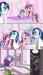 Size: 3000x5300 | Tagged: safe, artist:skitter, princess flurry heart, queen chrysalis, shining armor, whammy, alicorn, changeling, pony, unicorn, comic:change of heart (skitter), g4, age regression, baby, baby pony, changing table, comic, crib, crib mobile, diaper, disguise, disguised changeling, fake cadance, female, floppy ears, impostor, magic, male, mare, muffled words, pacifier, stallion, tail, tail hole, telekinesis, white diaper