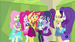 Size: 800x450 | Tagged: safe, screencap, applejack, fluttershy, pinkie pie, rainbow dash, rarity, sci-twi, spike, spike the regular dog, sunset shimmer, twilight sparkle, dog, equestria girls, equestria girls series, forgotten friendship, g4, animated, camera, cap, clothes, converse, discovery family, discovery family logo, feet, gif, hat, humane five, humane seven, humane six, mane six, midriff, sandals, selfie, shoes, shorts, smiling, sun hat, swimsuit, wetsuit
