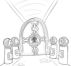 Size: 640x600 | Tagged: safe, artist:ficficponyfic, cyoa:the wizard of logic tower, chains, cyoa, door, hallway, letter, lock, monochrome, no pony, pedestal, story included