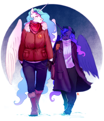 Size: 1295x1500 | Tagged: safe, artist:voyager, princess celestia, princess luna, alicorn, anthro, boots, clothes, coat, duo, female, mare, pants, royal sisters, scarf, shoes, siblings, sisters, snow, winter outfit