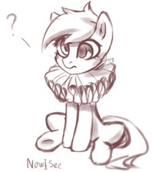 Size: 629x706 | Tagged: safe, artist:inowiseei, derpy hooves, earth pony, pony, g4, female, mare, monochrome, question mark, race swap, ruff (clothing), sitting, sketch, solo, wingless