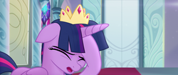 Size: 1920x804 | Tagged: safe, screencap, twilight sparkle, alicorn, pony, g4, my little pony: the movie, canterlot castle, crown, facehoof, female, jewelry, mare, regalia, solo, stained glass, twilight sparkle (alicorn)