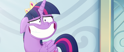 Size: 1920x804 | Tagged: safe, screencap, twilight sparkle, alicorn, pony, g4, my little pony: the movie, awkward smile, big grin, canterlot castle, crown, eye twitch, faic, fake smile, female, forced smile, grin, horn, impossibly large smile, jewelry, majestic as fuck, mare, nervous, nervous smile, regalia, smiling, solo, twilight sparkle (alicorn), twilight sparkle is best facemaker, wings