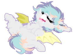 Size: 1024x768 | Tagged: safe, artist:vanillaswirl6, oc, oc only, oc:poptart, bat pony, pony, bat wings, belly fluff, chest fluff, chibi, commission, drool, ear fluff, eyes closed, female, fluffy, freckles, hoof fluff, leg twitch, mare, on back, open mouth, simple background, sleeping, solo, spread wings, transparent background, underhoof, wings