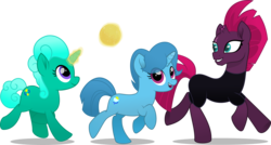 Size: 8003x4297 | Tagged: safe, artist:jhayarr23, fizzlepop berrytwist, glitter drops, spring rain, tempest shadow, pony, unicorn, g4, my little pony: the movie, absurd resolution, ball, clothes, eye clipping through hair, female, friendship, glowing horn, good end, horn, levitation, magic, magic aura, mare, movie accurate, playing, reunion, running, simple background, telekinesis, tempest shadow's friends, transparent background, vector