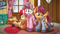Size: 3840x2160 | Tagged: safe, artist:ohemo, apple bloom, scootaloo, sweetie belle, earth pony, pegasus, pony, unicorn, g4, adorabloom, boots, bundled up for winter, clothes, clubhouse, crusaders clubhouse, cute, cutealoo, cutie mark, cutie mark crusaders, cutie mark cuties, diasweetes, dressing, female, filly, foal, high res, indoors, jacket, mouth hold, scarf, shoes, snow, socks, the cmc's cutie marks, trio, winter outfit