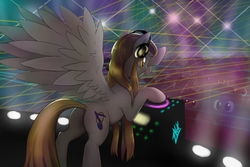 Size: 1920x1280 | Tagged: safe, artist:zoarvek, oc, oc only, pegasus, pony, audience, butt, female, headphones, mare, party, plot, smiling