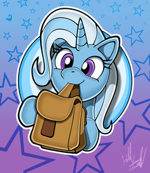 Size: 1127x1300 | Tagged: safe, artist:fuzon-s, trixie, pony, unicorn, g4, bag, bust, cute, cutie mark, diatrixes, female, fuzon is trying to murder us, gradient background, mare, mouth hold, pony channel, portrait, scene interpretation, smiling, solo, stars, style emulation, sweet dreams fuel, to saddlebags and back again, yuji uekawa style