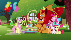 Size: 1280x720 | Tagged: safe, screencap, apple bloom, fluttershy, gummy, manny roar, pinkie pie, scootaloo, sweetie belle, alligator, earth pony, manticore, pegasus, pony, unicorn, g4, happy birthday to you!, animation error, balloon, confetti, cupcake, cute, cutie mark crusaders, female, filly, fluttershy's cottage, foal, food, hat, horn, male, mare, missing cutie mark, party hat, party horn