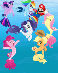 Size: 1701x2137 | Tagged: safe, artist:famousmari5, artist:infinitewarlock, artist:magical-mama, artist:user15432, applejack, fluttershy, pinkie pie, rainbow dash, rarity, twilight sparkle, alicorn, fairy, human, mermaid, merman, seapony (g4), g4, my little pony: the movie, spoiler:my little pony the movie, crossover, fairy wings, fin wings, hasbro, hasbro studios, male, mane six, maridash, mario, mariopie, marioshy, mermaid tail, mermaidized, mermanized, mermay, nintendo, sea ponies, seaponified, seapony applejack, seapony fluttershy, seapony pinkie pie, seapony rainbow dash, seapony rarity, seapony twilight, species swap, super mario bros., super smash bros., twilight sparkle (alicorn), underwater, watershy, wings