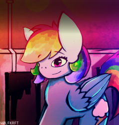 Size: 940x984 | Tagged: safe, artist:wolfkrft, rainbow dash, pegasus, pony, g4, alley, downtown, female, signature, smiling, solo