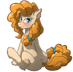 Size: 1087x1080 | Tagged: safe, artist:whyena, pear butter, earth pony, pony, g4, blushing, butt, ear fluff, female, fluffy, leg fluff, looking at you, looking back, mare, pear butt, plot, shoulder fluff, simple background, sitting, solo, transparent background