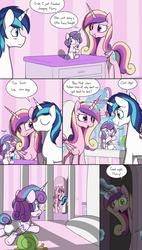 Size: 1456x2572 | Tagged: safe, artist:skitter, edit, princess cadance, princess flurry heart, queen chrysalis, shining armor, alicorn, pony, unicorn, g4, baby, comic, corn, corndog, dialogue, diaper, fake cadance, female, implied infidelity, magic, male, mare, plot twist, shining armor is a goddamn moron, stallion, the implications are horrible, this will not end well, white diaper