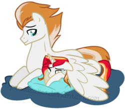 Size: 895x783 | Tagged: safe, artist:ipandacakes, fire streak, oc, oc:solar flare, pegasus, pony, unicorn, g4, crying, father and daughter, female, male, mare, offspring, parent:fire streak, parent:sunset shimmer, parents:sunsetstreak, prone, simple background, stallion, transparent background, wing blanket