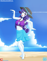 Size: 2300x3000 | Tagged: safe, artist:minusclass, rarity, equestria girls, equestria girls series, forgotten friendship, g4, barefoot, beach, bicolor swimsuit, bikini, bikini top, breasts, clothes, feet, female, high res, jeweled swimsuit, ocean, open mouth, patreon, patreon logo, purple swimsuit, rarity's blue sarong, rarity's purple bikini, sand, sarong, solo, swimsuit