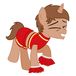 Size: 2500x2500 | Tagged: safe, artist:peternators, oc, oc only, oc:heroic armour, pony, unicorn, cheerleader, clothes, colt, eyes closed, foal, high res, male, male cheerleader, pom pom, shorts, simple background, smiling, solo, teenager, transparent background, younger