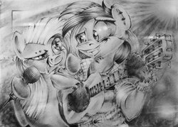 Size: 3360x2412 | Tagged: safe, artist:v747, oc, oc only, oc:scotch macmanus, guitar, high res, microphone, traditional art