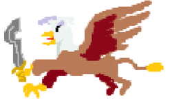 Size: 752x470 | Tagged: safe, artist:horsesplease, gilda, griffon, g4, 1000 hours in ms paint, background gilda, female, flying, khopesh, simple background, solo, sword, weapon, white background