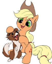 Size: 726x886 | Tagged: safe, artist:luciferamon, applejack, winona, dog, earth pony, pony, g4, cowboy hat, cute, cutie mark, duo, female, hat, jackabetes, mare, open mouth, simple background, sitting, smiling, white background