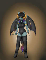 Size: 2894x3757 | Tagged: safe, artist:nero9, oc, oc only, oc:anoda, demon, succubus, anthro, unguligrade anthro, badass, balisong, bat wings, black sclera, clothes, female, high res, horns, knife, leotard, pentagram, solo, stockings, thigh highs