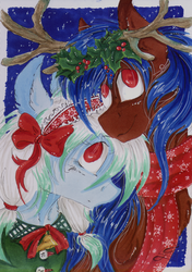 Size: 1024x1458 | Tagged: safe, artist:scootiegp, oc, oc only, deer, original species, pegasus, pony, reindeer, band, bell, bow, braid, christmas, christmas wreath, clothes, female, holiday, holly, male, mare, scarf, shipping, signature, simple background, smiling, stallion, stars, straight, traditional art, wreath