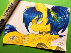 Size: 1024x768 | Tagged: safe, artist:scootiegp, oc, oc only, pegasus, pony, band, choker, clothes, female, heart, jewelry, looking at you, mare, marker, marker drawing, necklace, promarker, signature, simple background, smiling, socks, solo, traditional art, white background