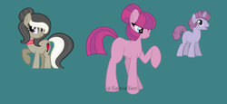 Size: 800x367 | Tagged: safe, artist:t-aroutachiikun, oc, oc only, oc:fiddle, oc:fizzle berry, earth pony, pony, unicorn, female, green background, magical lesbian spawn, male, mare, offspring, parent:frederic horseshoepin, parent:octavia melody, parent:pinkie pie, parent:sugar belle, parents:fredtavia, parents:sugarpie, simple background, stallion